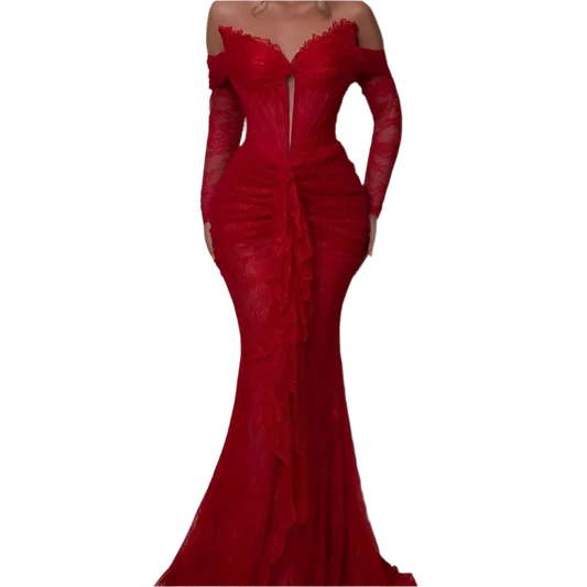 Brand New 2024 Women Luxury Celebrity Sexy Lace Gloves Red Long Gowns Dress Elegant Trumpet Evening Party Maxi Dress