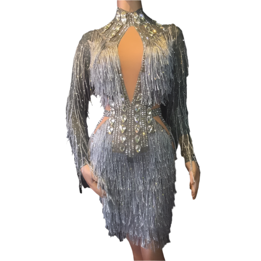 Sexy Tassel Sequins Women Short Dress Luxury Rhinestone Birthday Party Evening Prom Wear Singer Dancer Stage Performance Costume