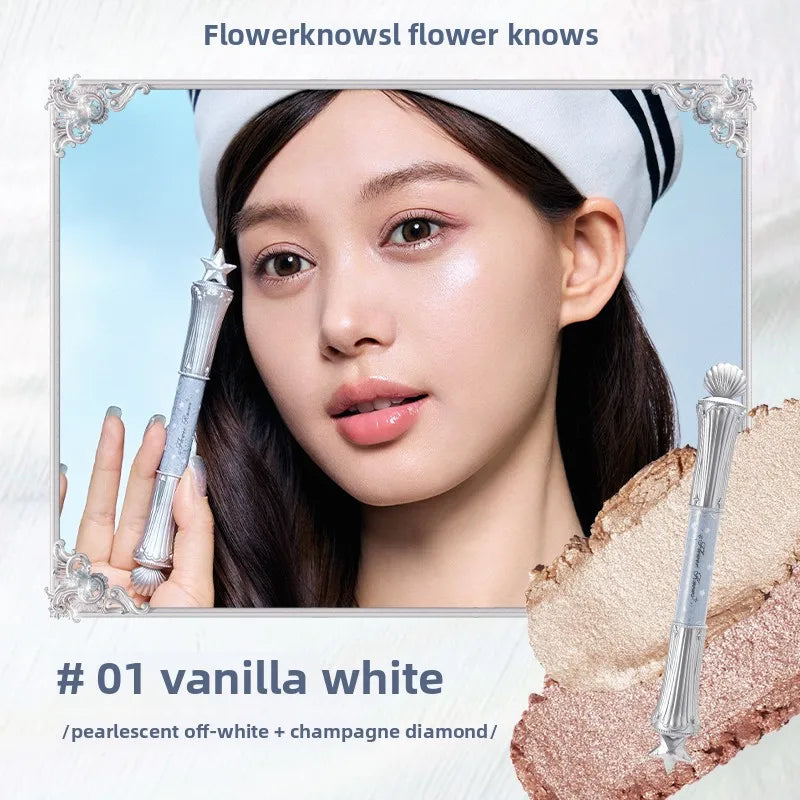 Flowerknows Shell Pearl Double Headed Silkworm Pen Smooth Color Holding Highlighter Makeup Long Lasting Lying Silkworm Pencil